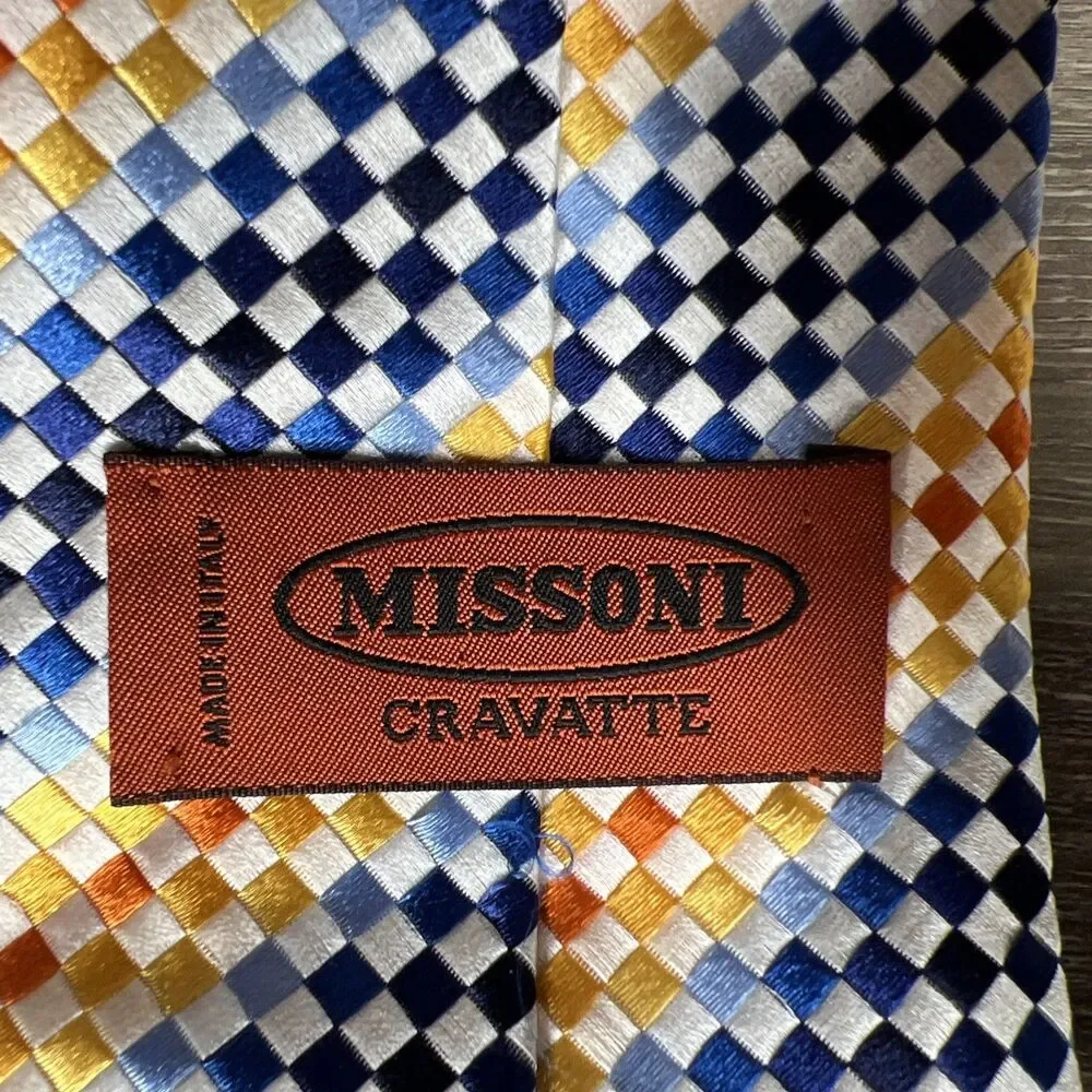 Missoni Cravatte Mens Luxury Silk Tie Blue Yellow Check Stripe Designer Colorful